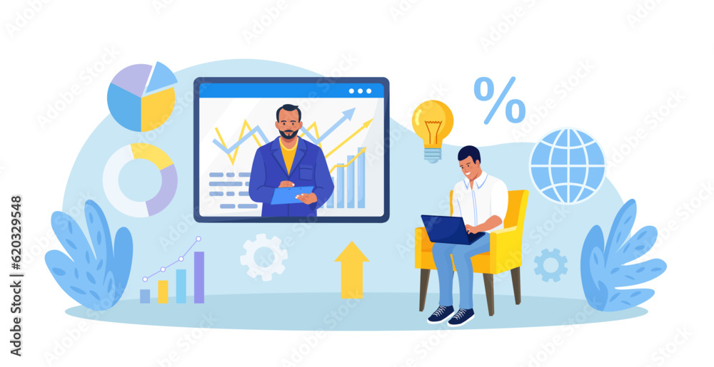 Coach speaking before man online. Mentor presenting charts and reports. Webinar, video conference. Employee meeting at business training, seminar, courses. Internet presentation, lecture