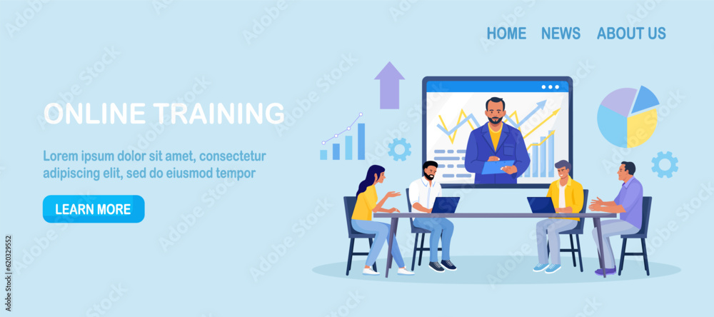 Coach speaking before business people online. Mentor presenting charts and reports. Webinar, video conference. Employees meeting at business training, seminar, courses. Internet presentation, lecture