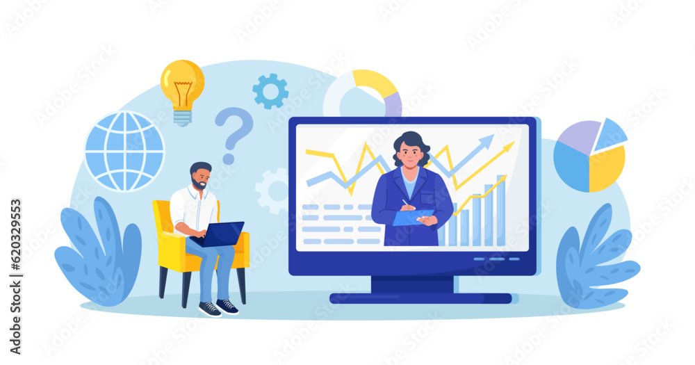 Coach speaking before man online. Mentor presenting charts and reports. Webinar, video conference. Employee meeting at business training, seminar, courses. Internet presentation, lecture