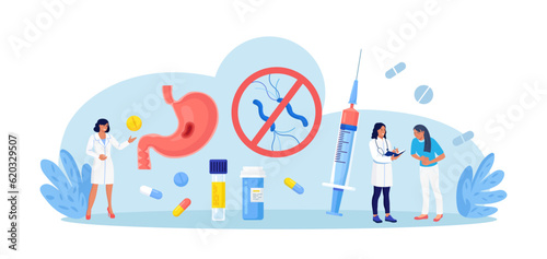 Helicobacter pylori infection. Bacterium with flagella damage stomach tissue. Digestive tract diseases  gastritis. Doctor gastroenterologist inspecting stomach  intestine microflora. Gastroenterology