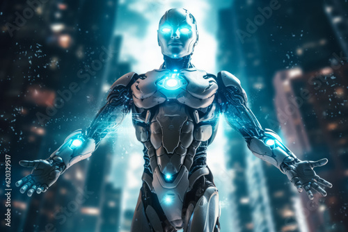 A humanoid robot with a metallic silver body. Generative AI.