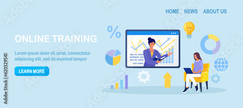 Coach speaking before woman online. Mentor presenting charts and reports. Webinar, video conference. Employee meeting at business training, seminar, courses. Internet presentation, lecture