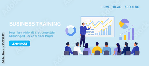 Business Training, Coaching and Education. Mentor Presenting Charts, Diagrams and Reports before Audience. Coach Speaking before Business People at Conference, Lecture. Employees Meeting at Seminar