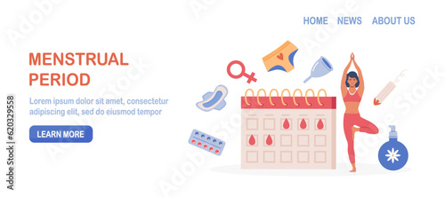 Young woman in yoga pose check dates of menstruation cycle. PMS calendar, tracker. Items for personal intimate hygiene of women. Sanitary tampon, pad, silicone reusable menstrual cup, panties