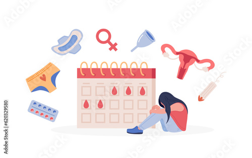 Menstruation period. Woman showing pms symptoms and menstrual pain. PMS calendar, tracker. Items for personal intimate hygiene of women. Sanitary tampon, pad, silicone reusable menstrual cup, panties