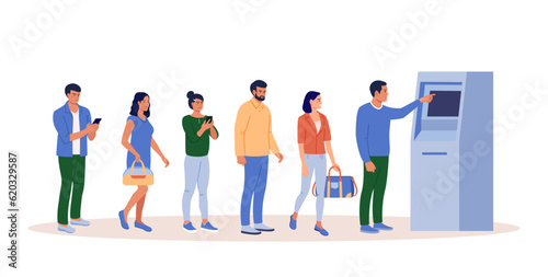 People are waiting in line near ATM machine to withdraw money. Business woman and man are standing in queue. Characters perform financial transactions using ATM terminal in hurry