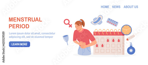 Menstruation period. Woman showing pms symptoms and menstrual pain. PMS calendar, tracker. Items for personal intimate hygiene of women. Sanitary tampon, pad, silicone reusable menstrual cup, panties