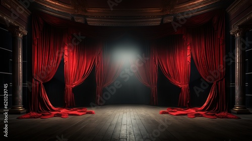Dark theater stage with red curtains and spotlight AI, Generative AI, Gene