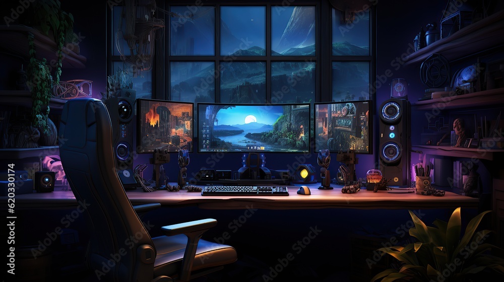 Obraz premium Detailed gamer room illustration AI, Generative AI, Generative