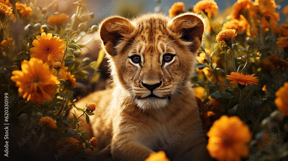 Cute lion with floral collection AI, Generative AI, Gene Cute lion with floral collection AI, Generative AI, Gene