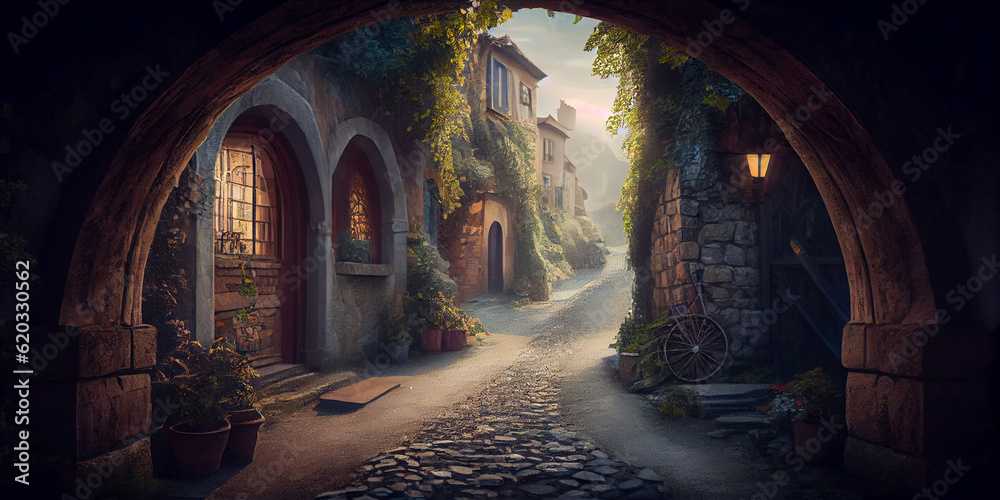 winding narrow stone street of an old fabulous beautiful medieval town. Generative AI