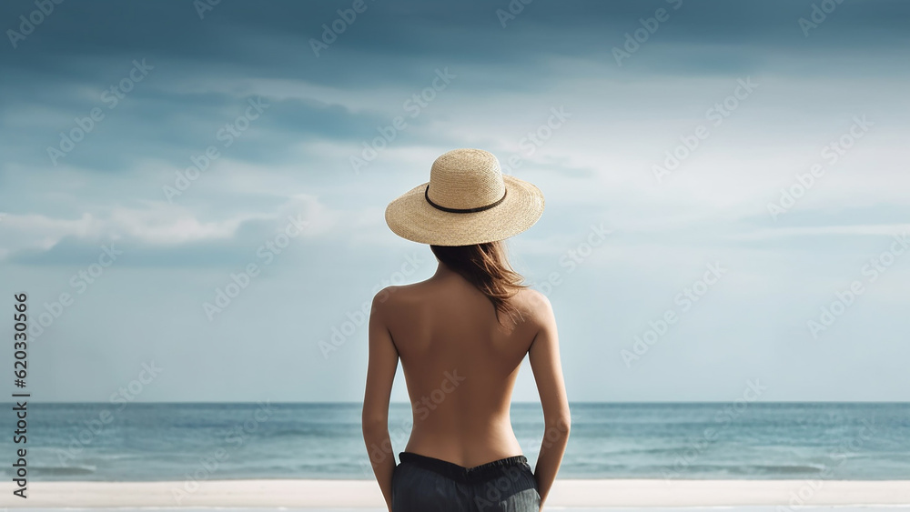 Beautiful young woman on a sandy tropical sea beach, view from the back. Generative AI Beautiful young woman on a sandy tropical sea beach, view from the back. Generative AI