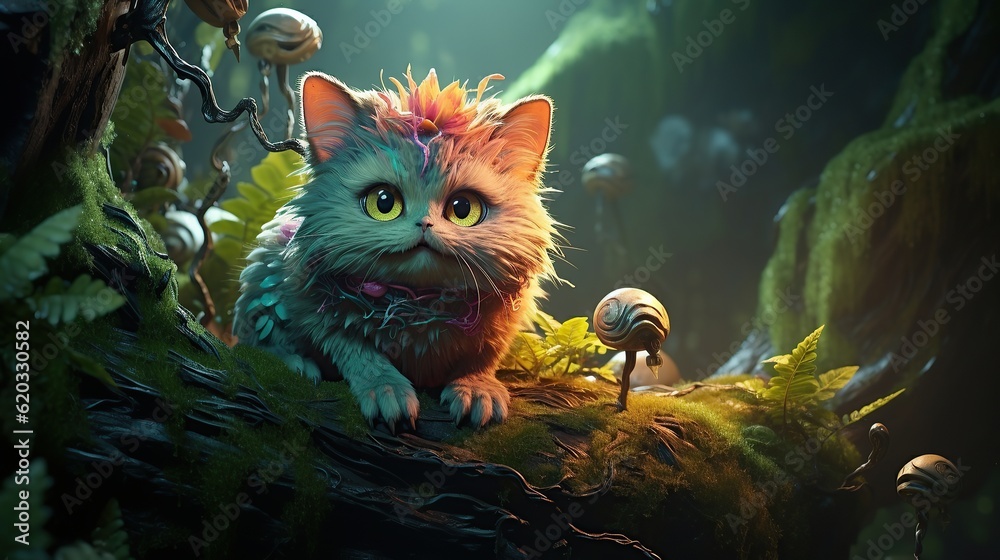 Cute monster cat on fantasy forest landscape AI, Generative AI, Generative