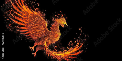 Fiery silhouette of the fabulous phoenix bird, on an isolated black background. Generative AI