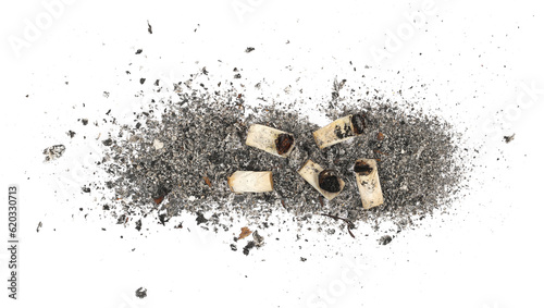 Cigarette stubs, butts and ash isolated on white, top view 