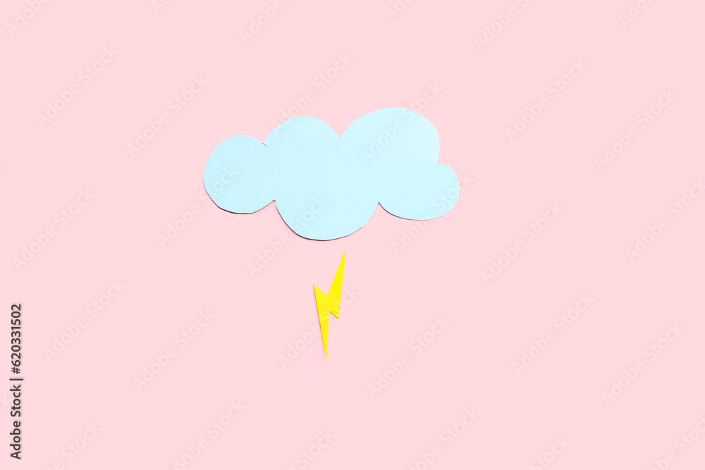 Paper cloud with lightning on pink background. Weather forecast concept