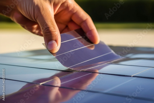 The concept of modern technology. A man holds a flexible solar cell battery in his hand. Modern gadgets powered by renewable energy. Sustainable technologies for ecology. Close up. photo