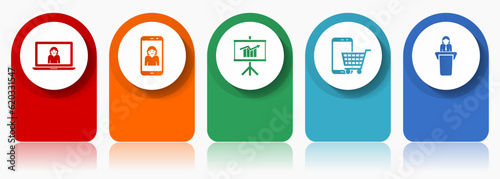 Online store icon set, miscellaneous vector icons such as customer service, seminar, cart and learning, modern design infographic template, web buttons in 5 color options