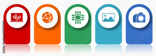 Computer and technology icon set, miscellaneous vector icons such as laptop, network, chip, image and photo camera, modern design infographic template, web buttons in 5 color options