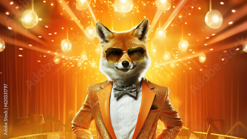 Advertising portrait, banner, beautiful fox in suit and disco atmosphere around, on colorful background