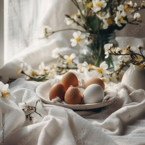Congratulatory Easter background. Easter eggs on a white tablecloth and flowers in a vase.Generative AI