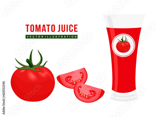Tomato juice in glass. Whole and slices Tomatoes. Organic vegan food. Is an ingredient in some cocktails. Red juice glass cup, fresh vegetable drink for healthy eating. Flat vector illustration