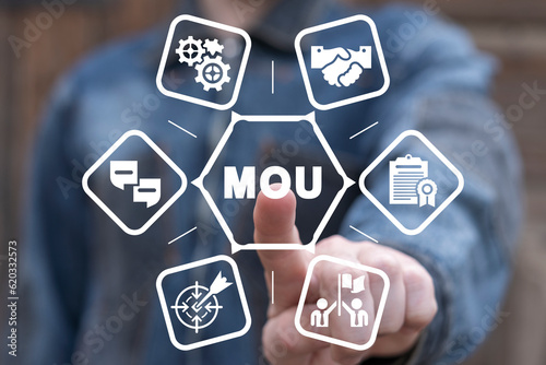 Man using virtual touch screen presses abbreviation: MOU. Business concept of Memorandum Of Understanding (MOU). MOU Memorandum Of Understanding - type of agreement between two or more parties. photo