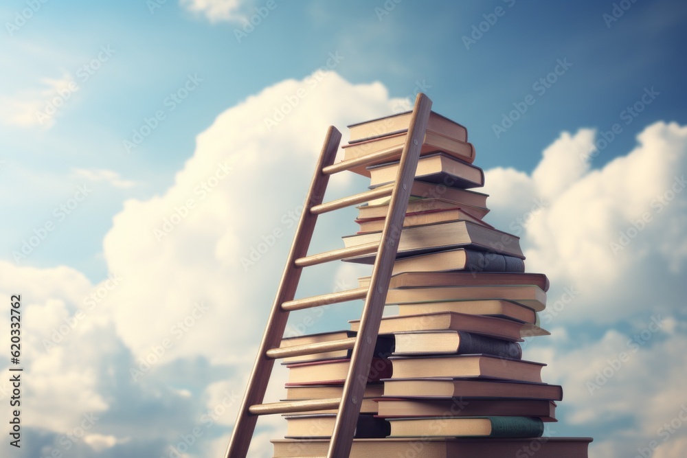 Stack of books up to the sky with stairs. Back To School concept. Background Stack of books up to the sky with stairs. Back To School concept. Background