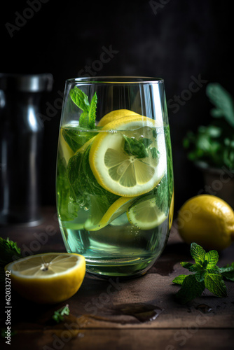 refreshing summer soft drink with lemon and cucumber on a table against a dark background. Generative AI