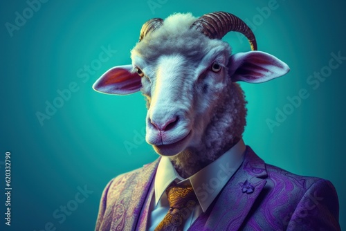 Anthropomorphic ram dressed in a suit like a businessman. Business Concept. AI generated, human enhanced © top images