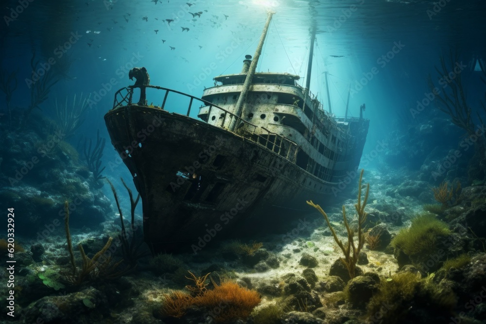 A ship at the bottom of the sea or ocean. Background with selective focus. AI generated, human enhanced A ship at the bottom of the sea or ocean. Background with selective focus. AI generated, human enhanced