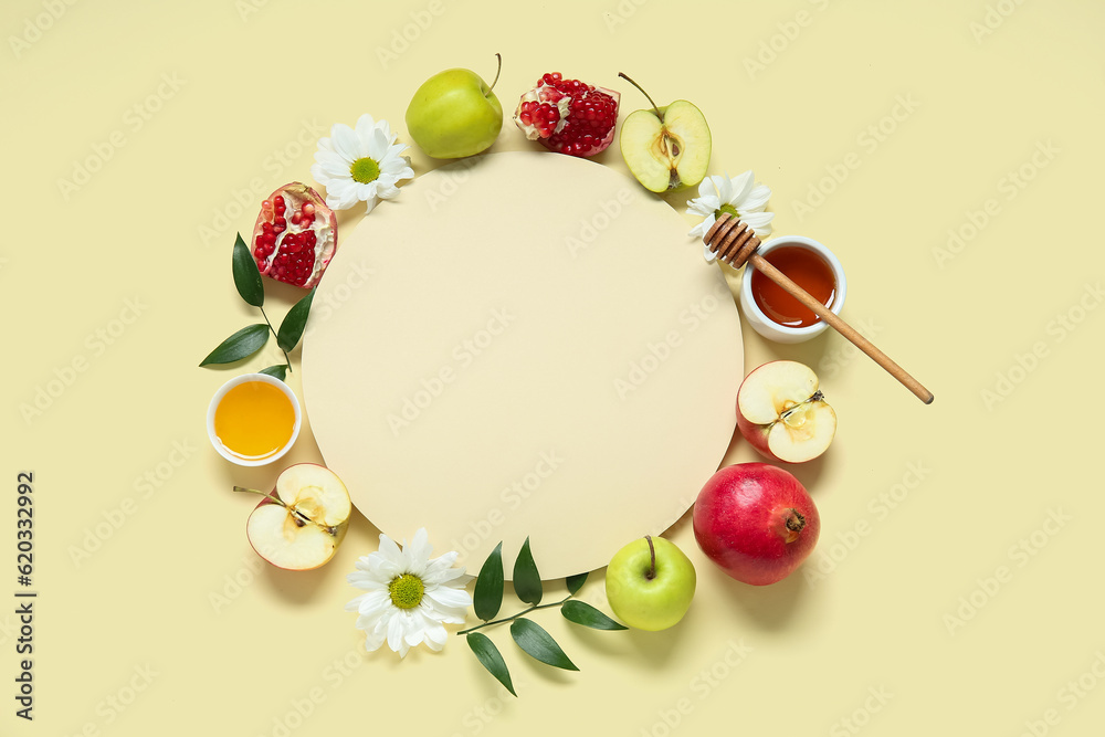 Composition with blank card, fresh fruits, honey and flowers on color background. Rosh hashanah (Jewish New Year) celebration Composition with blank card, fresh fruits, honey and flowers on color background. Rosh hashanah (Jewish New Year) celebration