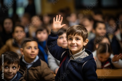 The boy raises his hand for an answer in the classroom. Back To School concept. Backdrop with selective focus