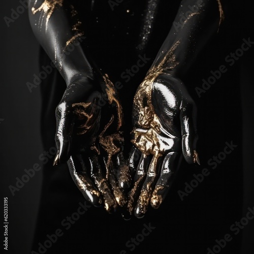 women's hands with a black and gold pattern applied to them. the art of beautifying the body.Black and gold palm showing a gesture on a black background. Generative AI