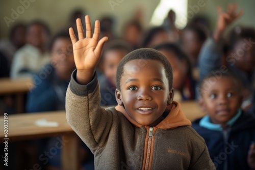 An African American boy raises his hand for an answer in class. Back To School concept. Backdrop with selective focus © top images