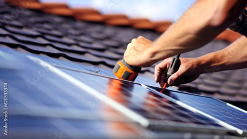 Close-up of the hands of a male technician installing solar panels on the roof of a house on a sunny day. Concept of sustainable resources. Banner. Copy space