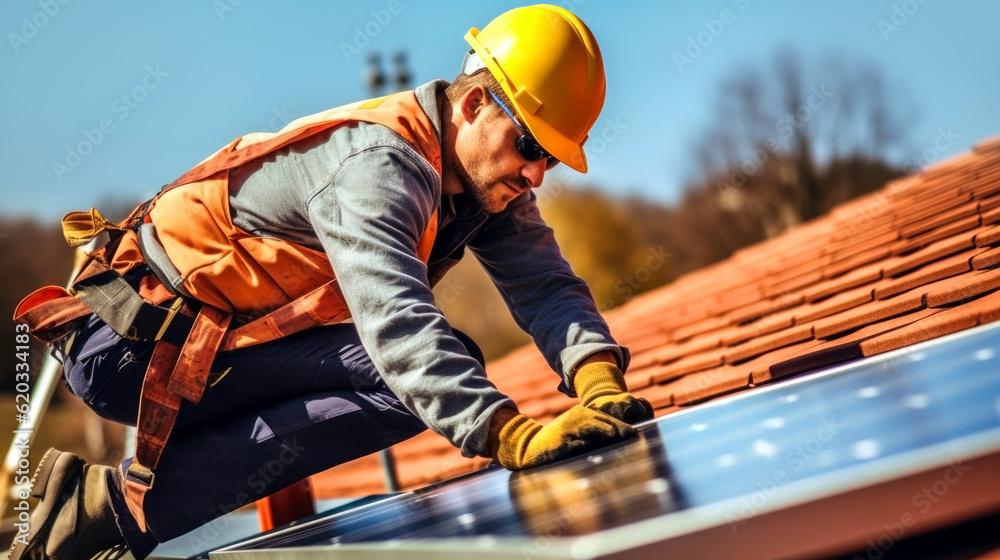 Engineer in helmet installing solar panel system outdoors on house roof on a sunny day. Concept of alternative and renewable energy. Banner Engineer in helmet installing solar panel system outdoors on house roof on a sunny day. Concept of alternative and renewable energy. Banner