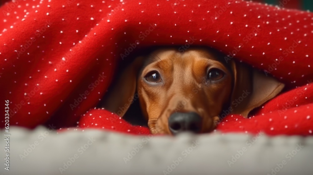 a dog with a warm cozy blanket against the background of Christmas illumination.Generative AI 