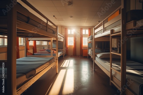 Interior of empty minimalist room of college dormitory with bunk beds