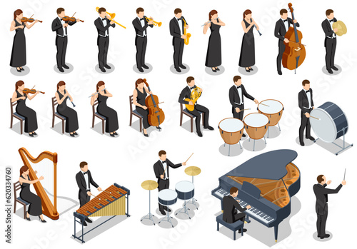 Isometric Symphony Orchestra. Set of orchestra group, creative people playing on instruments scene theater opera concert. Cello, Clarinet, trombone, piano, Xylophone
