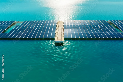 The large floating solar park farm. solar panels float in the water. The idea of cooperation with nature and the use of solar energy in harmony with the environment