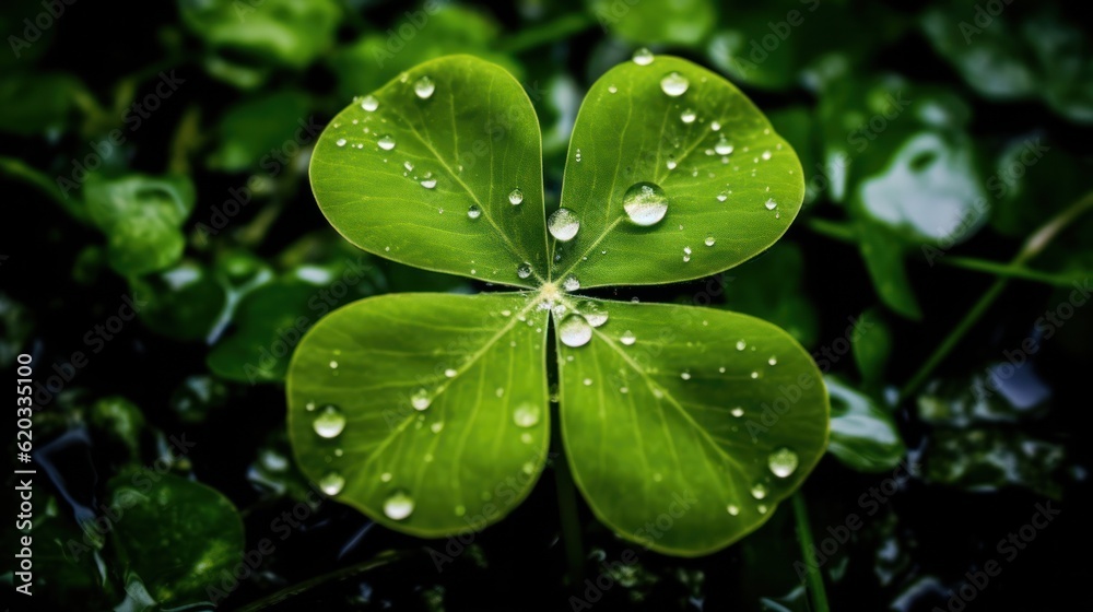 A vivid close-up of a four-leaf clover . St. Patrick's Day. Generative AI. A vivid close-up of a four-leaf clover . St. Patrick's Day. Generative AI.