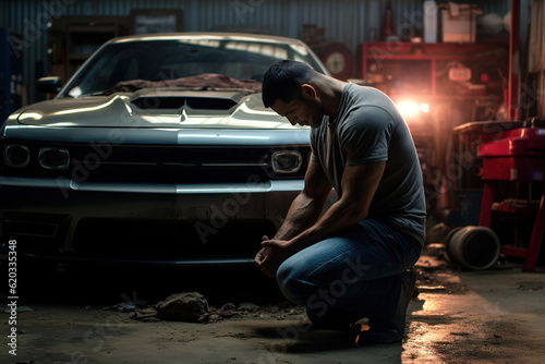 A Young Man Praying in His Garage in Front of Car