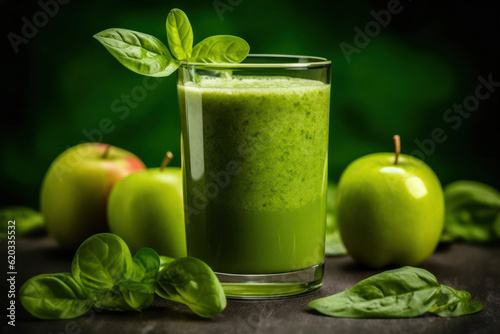 Healthy green smoothie in a glass with apples on a wooden background. generative ai. 