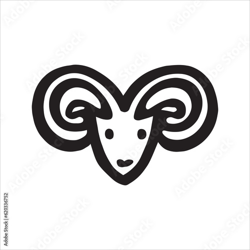 Black and white vector illustration of a ram head with horns. Aries star sign done in doodle style. Bold and energetic strokes depict the ram symbol, exuding confidence and assertiveness