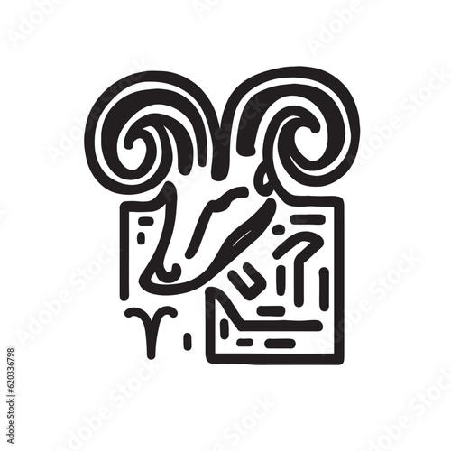 Black and white vector illustration of a ram head with horns. Aries star sign done in doodle style. Bold and energetic strokes depict the ram symbol, exuding confidence and assertiveness