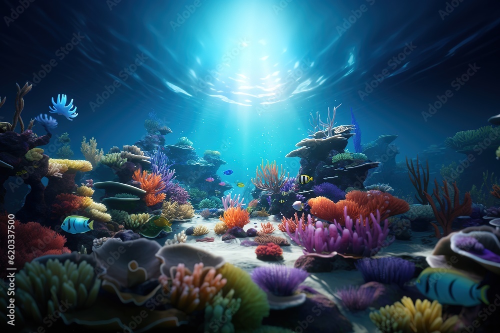 Underwater ocean view with coral reefs and colorful tropical fish