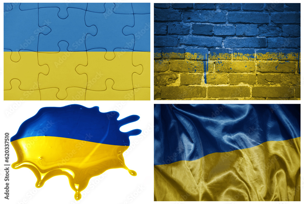 national colorful realistic flag of ukraine in different styles and with different textures on the white background.collage