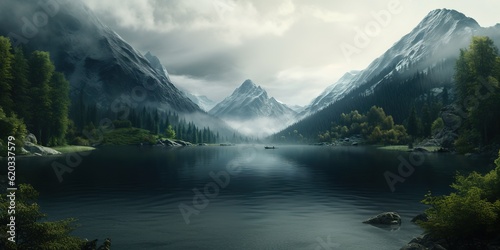 Foggy morning by amazing lakeside view in the mountains