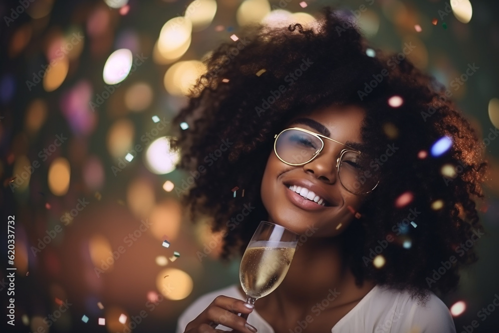 Festive afro-american woman with a glass of champaigne at a party. Generative AI